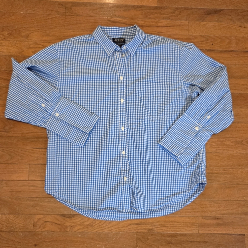 Women's Blue Gingham Button-Down Shirt JCrew Organic Cotton Sizr 14